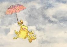 Deb O'Brien illustration, frog with umbrella